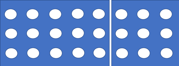 3 rows of 8 evenly spaced circles divided into two blue rectangles. The blue backgrounds make the two groupings visually apparent.